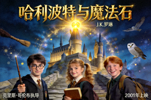 电影《哈利波特与魔法石》海报，展示魔法学校与年轻巫师