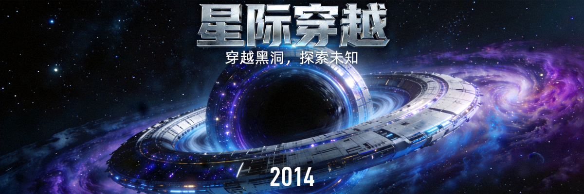 科幻大片《星际穿越》海报，展示宇宙飞船与星空场景